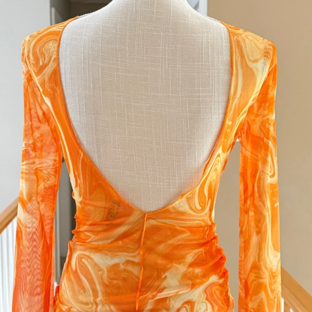 Naked Wardrobe Swim Orange Marble Mesh Long Sleeve Mini‎ Dress Cover Up XS